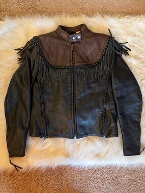 Vintage Harley-Davidson Willie G. Black Leather Jacket with Brown Fringed Yoke